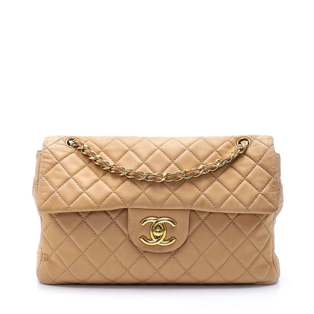 Chanel - Beige Quilted Lambskin Leather Jumbo Single Flap Bag